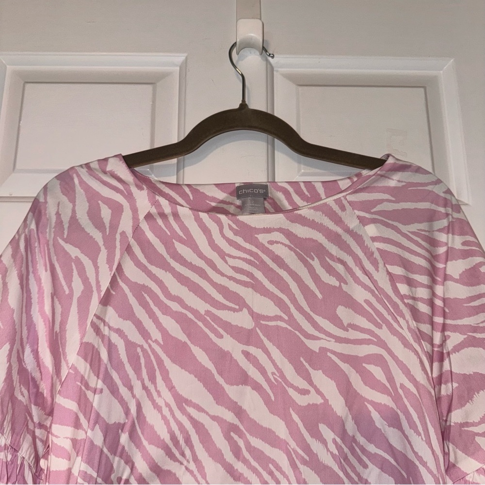 Chico's Light Pink white zebra print balloon sleeve midi dress L 12/14 - Picture 6 of 16
